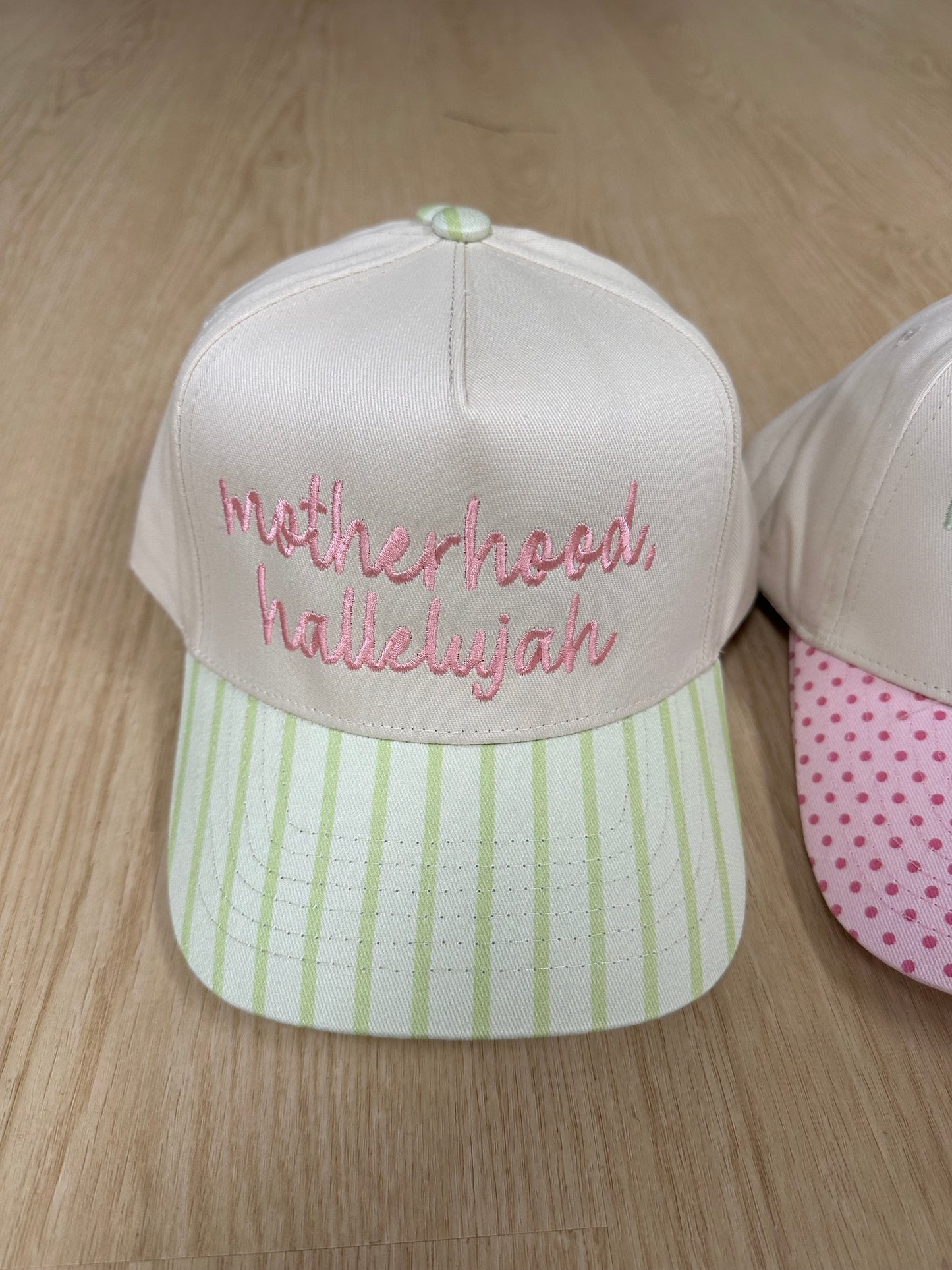 Motherhood Hallelujah Green Stripes/Pink Embroidery Trucker {Pre-Order}