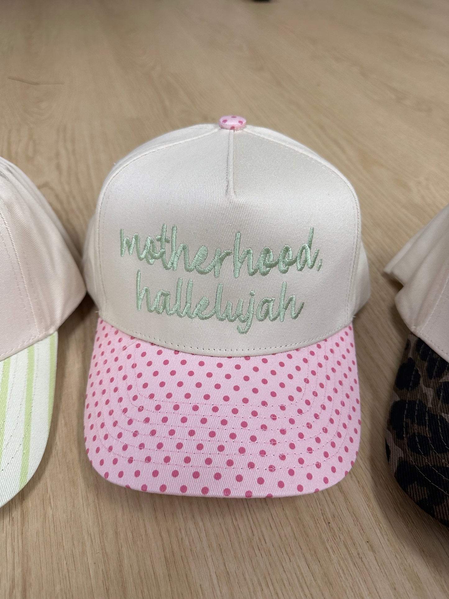 Motherhood Hallelujah Pink Polka Dot/Green Embroidery Trucker {Pre-Order}